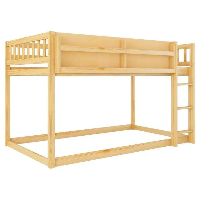 Alt view image 7 of 7 - Low Twin Over Twin Bunk Bed with Sling Bookshelf, Solid Wood Floor Bed with Ladder and Full-Length Guardrail for Boys or Girls, Adults Small Bedroom, Apartment, No Box Sping Needed, Natural