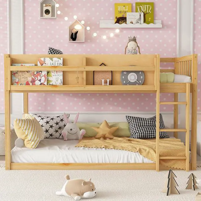 Alt view image 5 of 7 - Low Twin Over Twin Bunk Bed with Sling Bookshelf, Solid Wood Floor Bed with Ladder and Full-Length Guardrail for Boys or Girls, Adults Small Bedroom, Apartment, No Box Sping Needed, Natural
