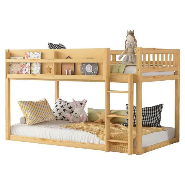 Alt view image 6 of 7 - Low Twin Over Twin Bunk Bed with Sling Bookshelf, Solid Wood Floor Bed with Ladder and Full-Length Guardrail for Boys or Girls, Adults Small Bedroom, Apartment, No Box Sping Needed, Natural