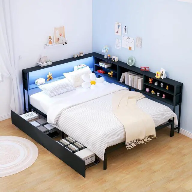 Main image of Wooden Full Daybed with Storage Drawers, Full Bed Frame with Storage Bookcase, Corner Day Bed with Charging Station and LED Light, Bedroom Furniture for Guest Room, Apartment, Study Room, Black