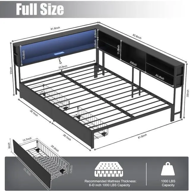 Alt view image 2 of 7 - Wooden Full Daybed with Storage Drawers, Full Bed Frame with Storage Bookcase, Corner Day Bed with Charging Station and LED Light, Bedroom Furniture for Guest Room, Apartment, Study Room, Black