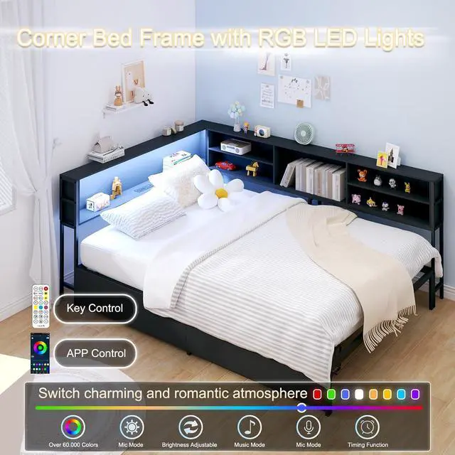 Alt view image 4 of 7 - Wooden Full Daybed with Storage Drawers, Full Bed Frame with Storage Bookcase, Corner Day Bed with Charging Station and LED Light, Bedroom Furniture for Guest Room, Apartment, Study Room, Black