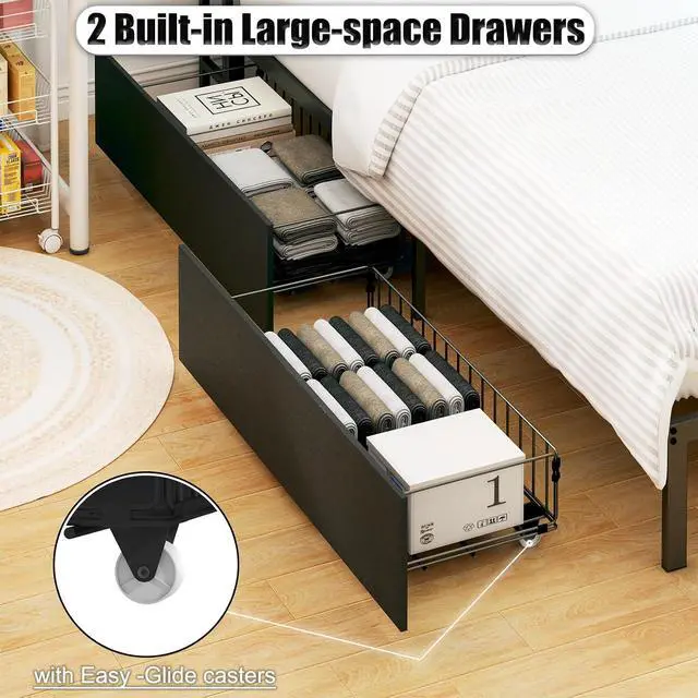 Alt view image 6 of 7 - Wooden Full Daybed with Storage Drawers, Full Bed Frame with Storage Bookcase, Corner Day Bed with Charging Station and LED Light, Bedroom Furniture for Guest Room, Apartment, Study Room, Black