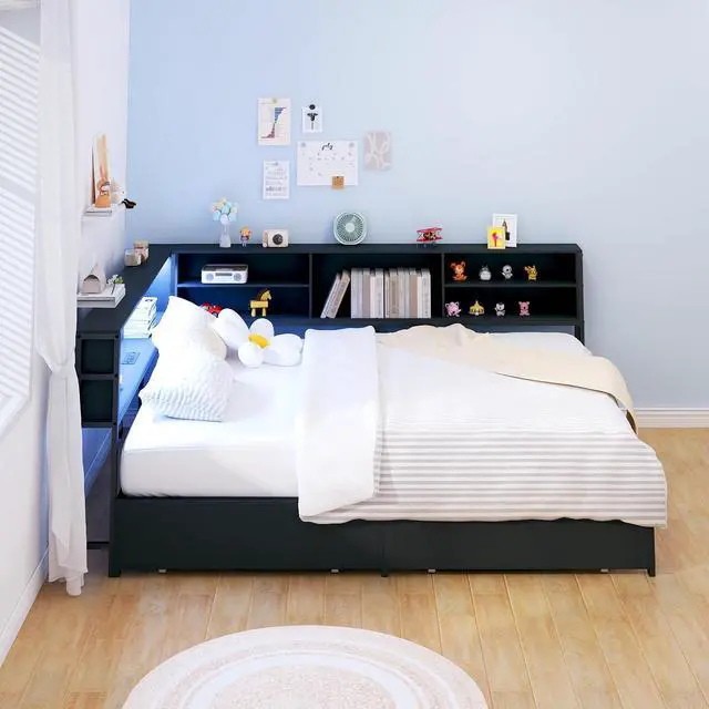 Alt view image 7 of 7 - Wooden Full Daybed with Storage Drawers, Full Bed Frame with Storage Bookcase, Corner Day Bed with Charging Station and LED Light, Bedroom Furniture for Guest Room, Apartment, Study Room, Black