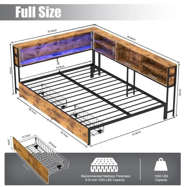 Alt view image 2 of 7 - Wooden Full Daybed with Storage Drawers, Full Bed Frame with Storage Bookcase, Corner Day Bed with Charging Station and LED Light, Bedroom Furniture for Guest Room, Apartment, Study Room, Brown