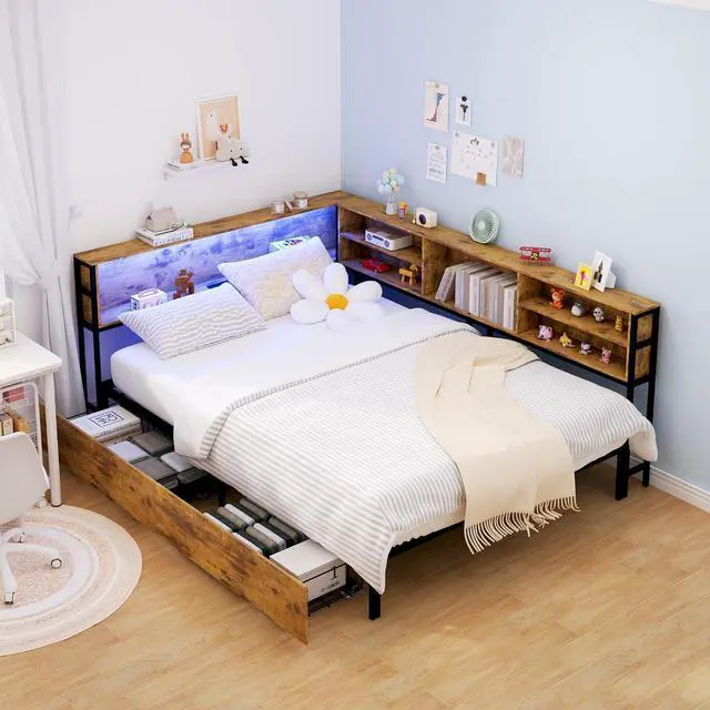 Main image of Wooden Full Daybed with Storage Drawers, Full Bed Frame with Storage Bookcase, Corner Day Bed with Charging Station and LED Light, Bedroom Furniture for Guest Room, Apartment, Study Room, Brown