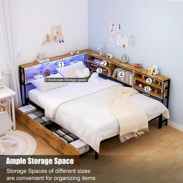 Alt view image 3 of 7 - Wooden Full Daybed with Storage Drawers, Full Bed Frame with Storage Bookcase, Corner Day Bed with Charging Station and LED Light, Bedroom Furniture for Guest Room, Apartment, Study Room, Brown