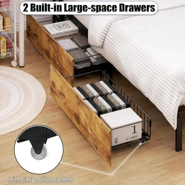 Alt view image 4 of 7 - Wooden Full Daybed with Storage Drawers, Full Bed Frame with Storage Bookcase, Corner Day Bed with Charging Station and LED Light, Bedroom Furniture for Guest Room, Apartment, Study Room, Brown