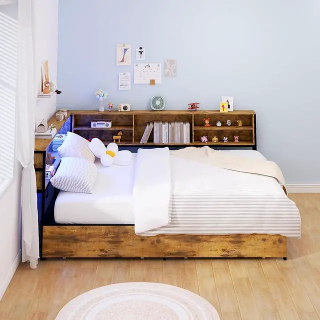 Alt view image 7 of 7 - Wooden Full Daybed with Storage Drawers, Full Bed Frame with Storage Bookcase, Corner Day Bed with Charging Station and LED Light, Bedroom Furniture for Guest Room, Apartment, Study Room, Brown