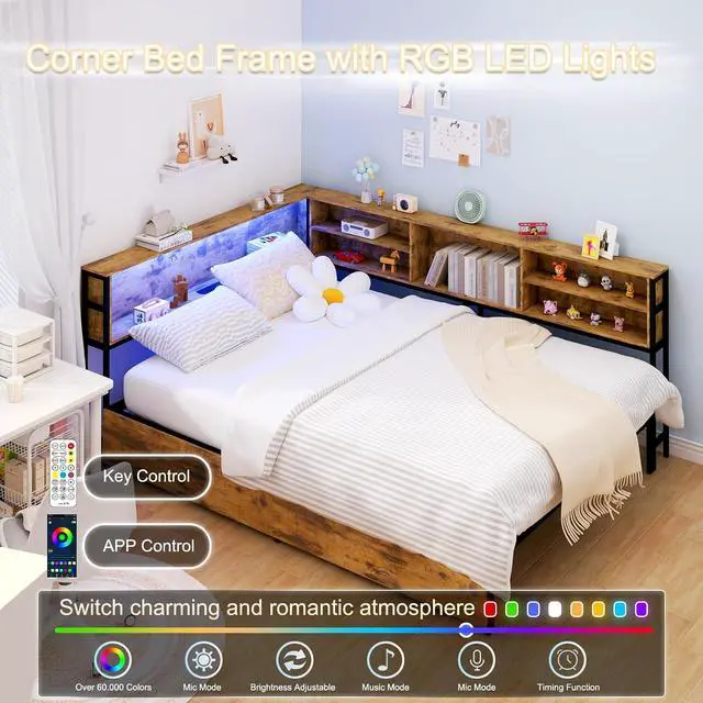 Alt view image 6 of 7 - Wooden Full Daybed with Storage Drawers, Full Bed Frame with Storage Bookcase, Corner Day Bed with Charging Station and LED Light, Bedroom Furniture for Guest Room, Apartment, Study Room, Brown