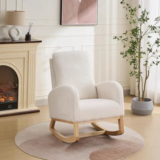Main image of Rocking Chair for Nursery with Rubber Wood Legs, 27.2"W Polyester Upholstered Patio Glider Chair with High Back and Side Pocket, Comfy Reading Lounger, Accent Armchair for Living Room/Bedroom, Ivory