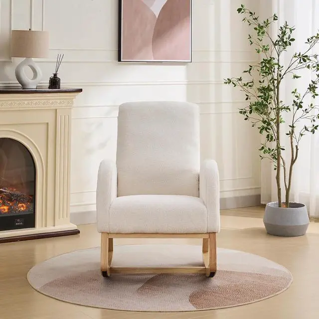 Alt view image 4 of 7 - Rocking Chair for Nursery with Rubber Wood Legs, 27.2"W Polyester Upholstered Patio Glider Chair with High Back and Side Pocket, Comfy Reading Lounger, Accent Armchair for Living Room/Bedroom, Ivory