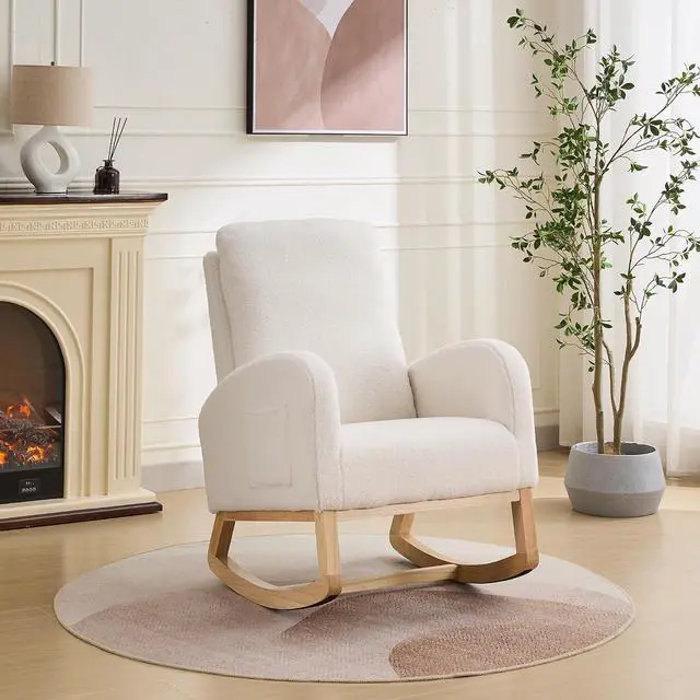 Alt view image 3 of 7 - Rocking Chair for Nursery with Rubber Wood Legs, 27.2"W Polyester Upholstered Patio Glider Chair with High Back and Side Pocket, Comfy Reading Lounger, Accent Armchair for Living Room/Bedroom, Ivory