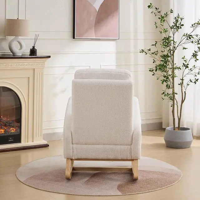 Alt view image 5 of 7 - Rocking Chair for Nursery with Rubber Wood Legs, 27.2"W Polyester Upholstered Patio Glider Chair with High Back and Side Pocket, Comfy Reading Lounger, Accent Armchair for Living Room/Bedroom, Ivory