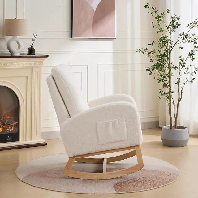 Alt view image 6 of 7 - Rocking Chair for Nursery with Rubber Wood Legs, 27.2"W Polyester Upholstered Patio Glider Chair with High Back and Side Pocket, Comfy Reading Lounger, Accent Armchair for Living Room/Bedroom, Ivory