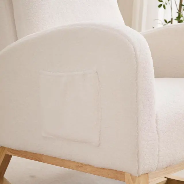 Alt view image 7 of 7 - Rocking Chair for Nursery with Rubber Wood Legs, 27.2"W Polyester Upholstered Patio Glider Chair with High Back and Side Pocket, Comfy Reading Lounger, Accent Armchair for Living Room/Bedroom, Ivory