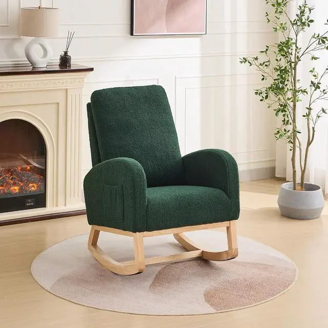 Alt view image 2 of 7 - Rocking Chair for Nursery with Rubber Wood Legs, 27.2"W Polyester Upholstered Patio Glider Chair with High Back and Side Pocket, Comfy Reading Lounger, Accent Armchair for Living Room/Bedroom, Green