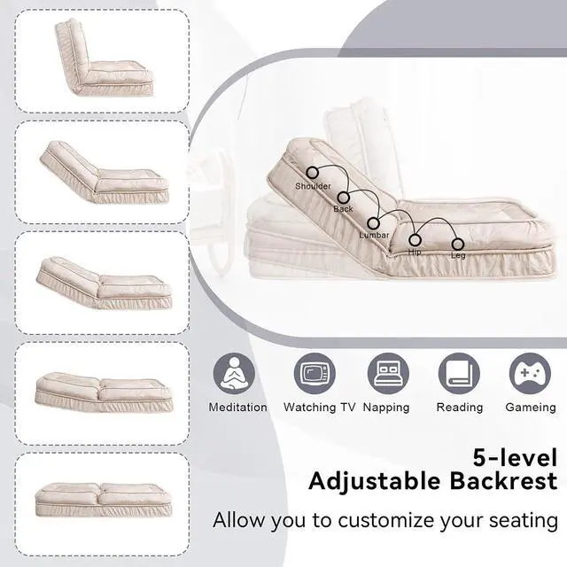 Alt view image 4 of 7 - Floor Lazy Sofa Couch,Gaming Chair with Massage Pillows fits Pet Families,Sleep Chair with 5 Adjustable Position,Comfy Tatami Bean Bag Human Dog Bed for Bedroom/Living room/Space Saving,Beige