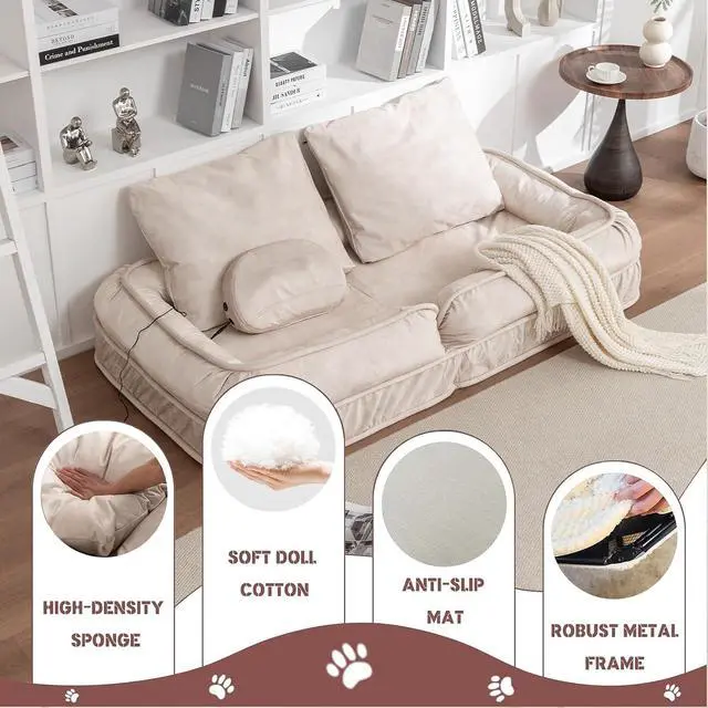 Alt view image 5 of 7 - Floor Lazy Sofa Couch,Gaming Chair with Massage Pillows fits Pet Families,Sleep Chair with 5 Adjustable Position,Comfy Tatami Bean Bag Human Dog Bed for Bedroom/Living room/Space Saving,Beige