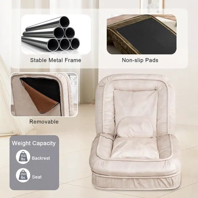 Alt view image 6 of 7 - Floor Lazy Sofa Couch,Gaming Chair with Massage Pillows fits Pet Families,Sleep Chair with 5 Adjustable Position,Comfy Tatami Bean Bag Human Dog Bed for Bedroom/Living room/Space Saving,Beige