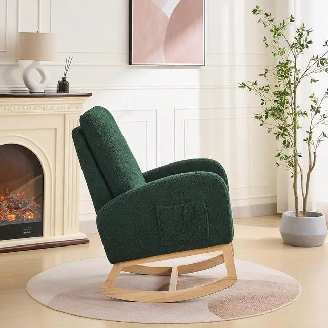 Alt view image 3 of 7 - Rocking Chair for Nursery with Rubber Wood Legs, 27.2"W Polyester Upholstered Patio Glider Chair with High Back and Side Pocket, Comfy Reading Lounger, Accent Armchair for Living Room/Bedroom, Green