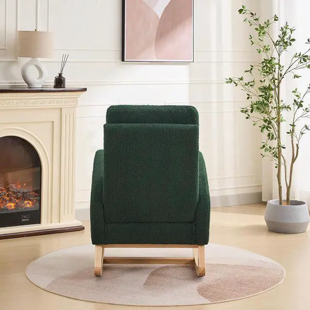 Alt view image 4 of 7 - Rocking Chair for Nursery with Rubber Wood Legs, 27.2"W Polyester Upholstered Patio Glider Chair with High Back and Side Pocket, Comfy Reading Lounger, Accent Armchair for Living Room/Bedroom, Green
