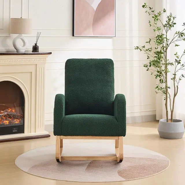 Alt view image 5 of 7 - Rocking Chair for Nursery with Rubber Wood Legs, 27.2"W Polyester Upholstered Patio Glider Chair with High Back and Side Pocket, Comfy Reading Lounger, Accent Armchair for Living Room/Bedroom, Green