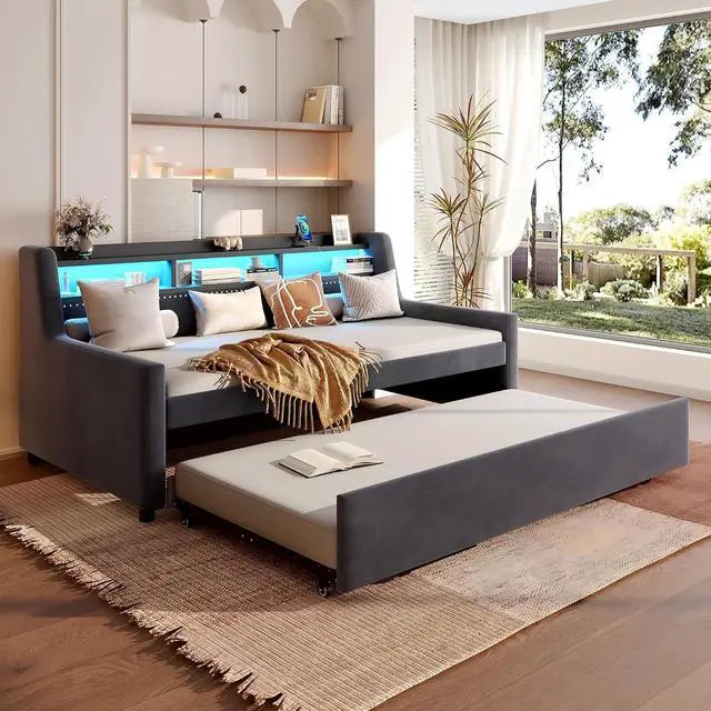 Main image of 3 in 1 Twin Daybed with Pull Out Trundle, Velvet Upholstered Daybed with Storage Shelf, LED Light and Charging Station, Velvet Corner Twin to King Bed with Wood Slats for Bedroom/Guestroom/Dorm, Gray