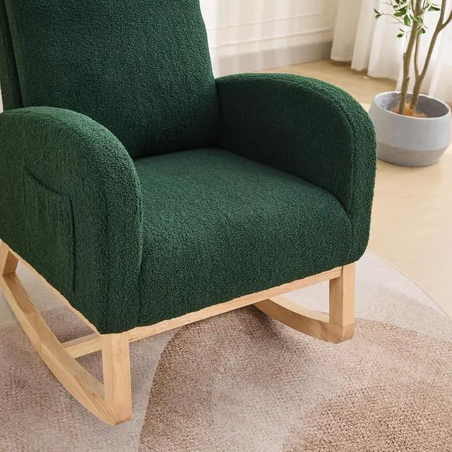 Alt view image 7 of 7 - Rocking Chair for Nursery with Rubber Wood Legs, 27.2"W Polyester Upholstered Patio Glider Chair with High Back and Side Pocket, Comfy Reading Lounger, Accent Armchair for Living Room/Bedroom, Green