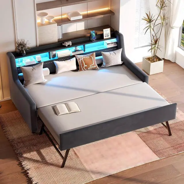 Alt view image 3 of 7 - 3 in 1 Twin Daybed with Pull Out Trundle, Velvet Upholstered Daybed with Storage Shelf, LED Light and Charging Station, Velvet Corner Twin to King Bed with Wood Slats for Bedroom/Guestroom/Dorm, Gray