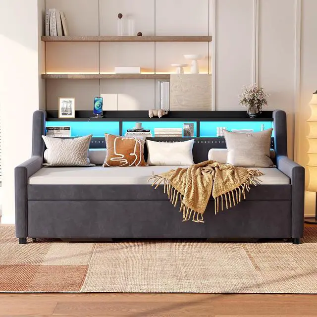Alt view image 4 of 7 - 3 in 1 Twin Daybed with Pull Out Trundle, Velvet Upholstered Daybed with Storage Shelf, LED Light and Charging Station, Velvet Corner Twin to King Bed with Wood Slats for Bedroom/Guestroom/Dorm, Gray