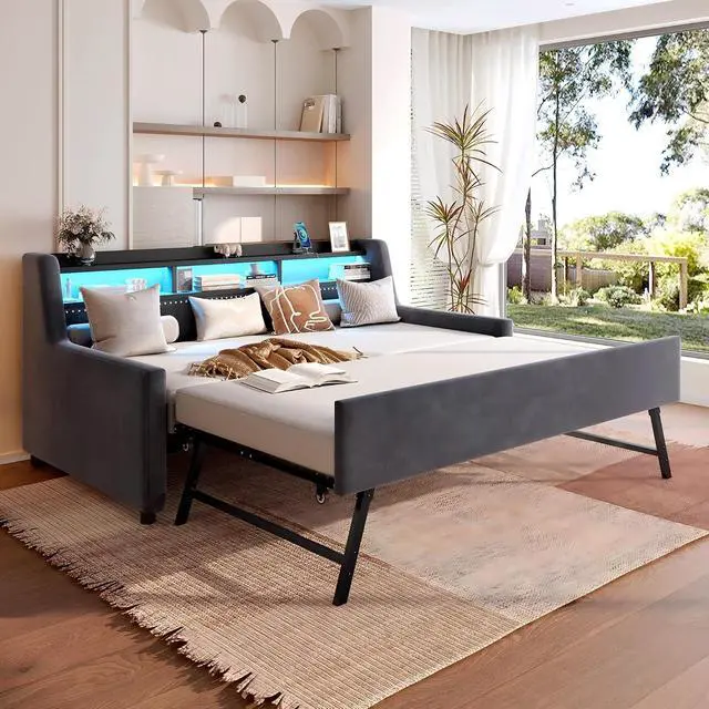 Alt view image 5 of 7 - 3 in 1 Twin Daybed with Pull Out Trundle, Velvet Upholstered Daybed with Storage Shelf, LED Light and Charging Station, Velvet Corner Twin to King Bed with Wood Slats for Bedroom/Guestroom/Dorm, Gray