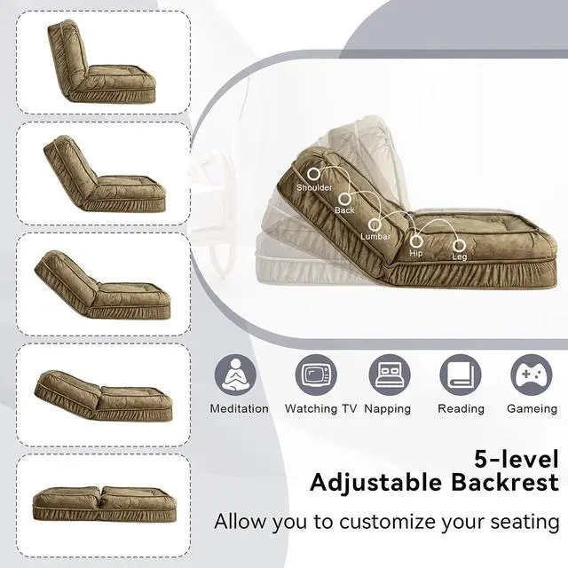 Alt view image 5 of 7 - Floor Lazy Sofa Couch,Gaming Chair with Massage Pillows fits Pet Families,Sleep Chair with 5 Adjustable Position,Comfy Tatami Bean Bag Human Dog Bed for Bedroom/Living room/Space Saving,Green