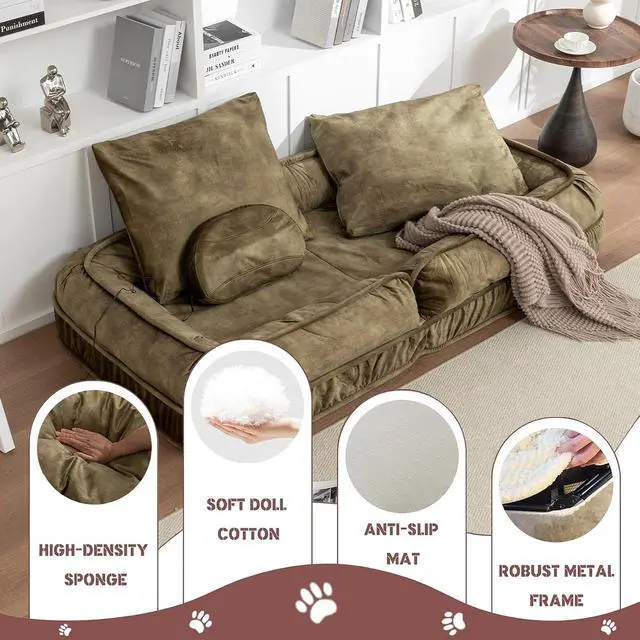Alt view image 6 of 7 - Floor Lazy Sofa Couch,Gaming Chair with Massage Pillows fits Pet Families,Sleep Chair with 5 Adjustable Position,Comfy Tatami Bean Bag Human Dog Bed for Bedroom/Living room/Space Saving,Green