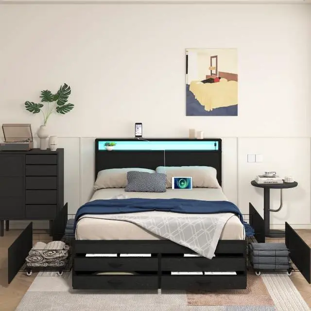 Main image of Queen Bedframe with 4 Roll Out Drawers and 4 Footboard Drawers, Metal Platform Bed with LED Headboard with Charging Station, Multi-functional Double Bed with Solid Metal Support, Noise-Free, Black