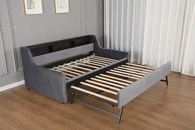Alt view image 7 of 7 - 3 in 1 Twin Daybed with Pull Out Trundle, Velvet Upholstered Daybed with Storage Shelf, LED Light and Charging Station, Velvet Corner Twin to King Bed with Wood Slats for Bedroom/Guestroom/Dorm, Gray