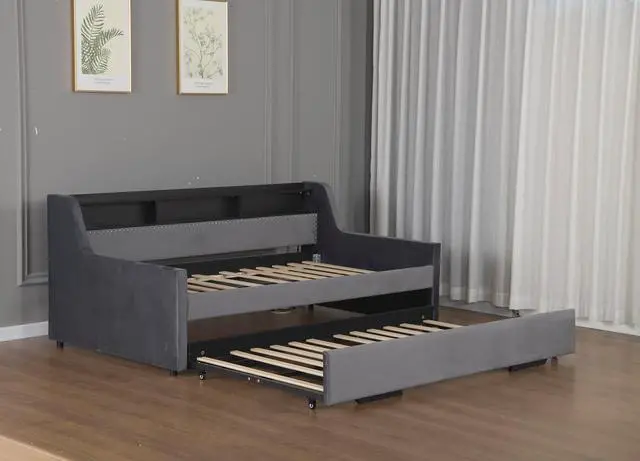 Alt view image 6 of 7 - 3 in 1 Twin Daybed with Pull Out Trundle, Velvet Upholstered Daybed with Storage Shelf, LED Light and Charging Station, Velvet Corner Twin to King Bed with Wood Slats for Bedroom/Guestroom/Dorm, Gray
