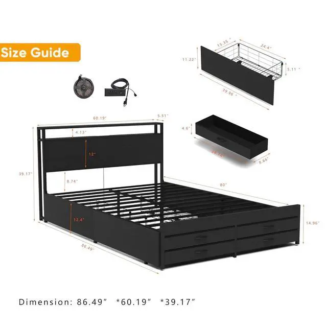 Alt view image 2 of 7 - Queen Bedframe with 4 Roll Out Drawers and 4 Footboard Drawers, Metal Platform Bed with LED Headboard with Charging Station, Multi-functional Double Bed with Solid Metal Support, Noise-Free, Black
