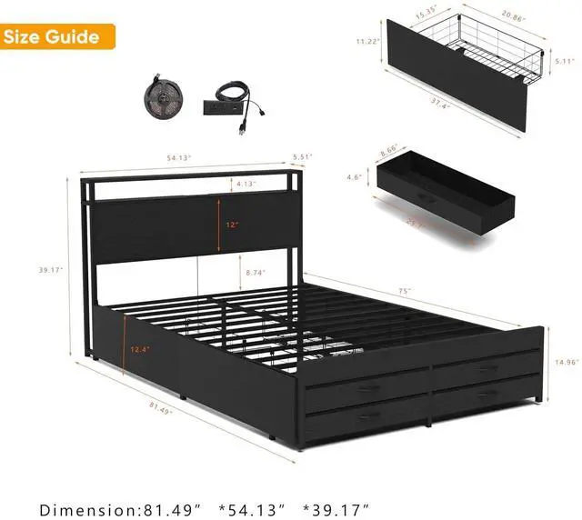 Alt view image 2 of 7 - Full Bedframe with 4 Roll Out Drawers and 4 Footboard Drawers, Metal Platform Bed with LED Headboard with Charging Station, Multi-functional Double Bed with Solid Metal Support, Noise-Free, Black