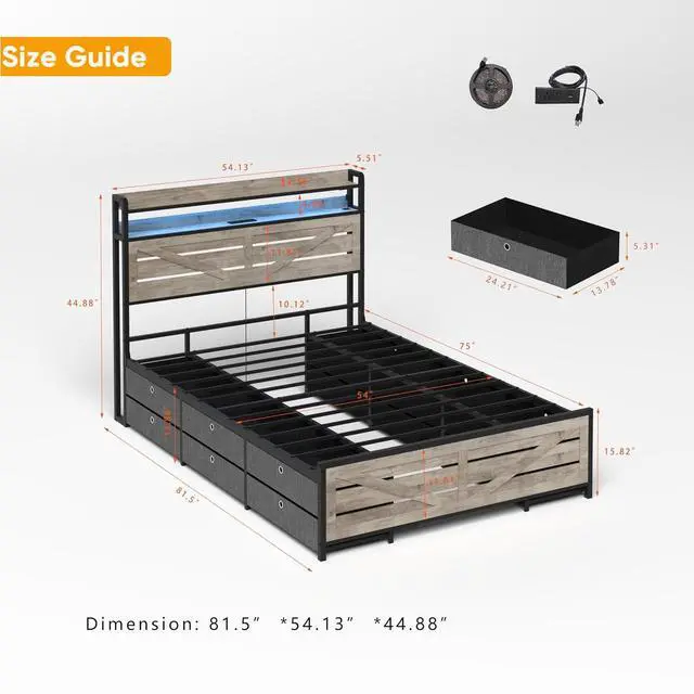 Alt view image 2 of 7 - Full Upholstered Bed Frame with 12 Drawers, Metal Platform Bedframe with Storage Headboard with LED lights, Charging Station, Anti-slip Double Bed with Footboard, Sturdy Metal Slat Support, Gray