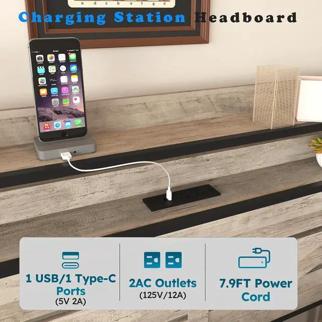 Alt view image 4 of 7 - Full Upholstered Bed Frame with 12 Drawers, Metal Platform Bedframe with Storage Headboard with LED lights, Charging Station, Anti-slip Double Bed with Footboard, Sturdy Metal Slat Support, Gray