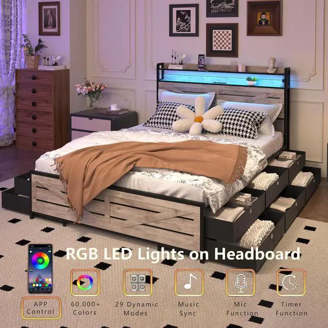 Alt view image 3 of 7 - Full Upholstered Bed Frame with 12 Drawers, Metal Platform Bedframe with Storage Headboard with LED lights, Charging Station, Anti-slip Double Bed with Footboard, Sturdy Metal Slat Support, Gray