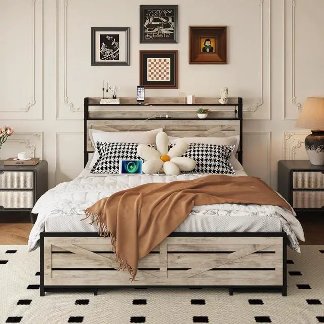 Alt view image 5 of 7 - Full Upholstered Bed Frame with 12 Drawers, Metal Platform Bedframe with Storage Headboard with LED lights, Charging Station, Anti-slip Double Bed with Footboard, Sturdy Metal Slat Support, Gray