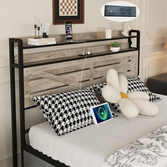 Alt view image 6 of 7 - Full Upholstered Bed Frame with 12 Drawers, Metal Platform Bedframe with Storage Headboard with LED lights, Charging Station, Anti-slip Double Bed with Footboard, Sturdy Metal Slat Support, Gray