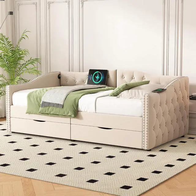 Alt view image 2 of 7 - Twin Velvet Upholstered Daybed with Roll-Out Drawers, Button Tufted Day Bed with USB Charging Ports, Corner Single Bedframe with Solid Wood Slat Support, Guest Bed for Bedroom/Guestroom/Dorm,Beige