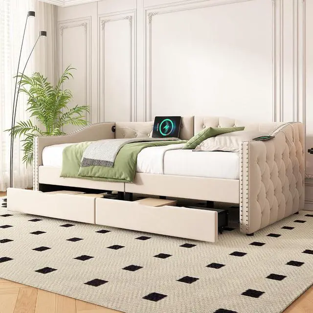 Alt view image 3 of 7 - Twin Velvet Upholstered Daybed with Roll-Out Drawers, Button Tufted Day Bed with USB Charging Ports, Corner Single Bedframe with Solid Wood Slat Support, Guest Bed for Bedroom/Guestroom/Dorm,Beige