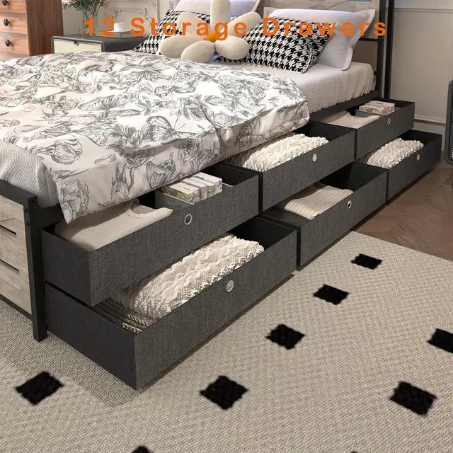 Alt view image 7 of 7 - Full Upholstered Bed Frame with 12 Drawers, Metal Platform Bedframe with Storage Headboard with LED lights, Charging Station, Anti-slip Double Bed with Footboard, Sturdy Metal Slat Support, Gray