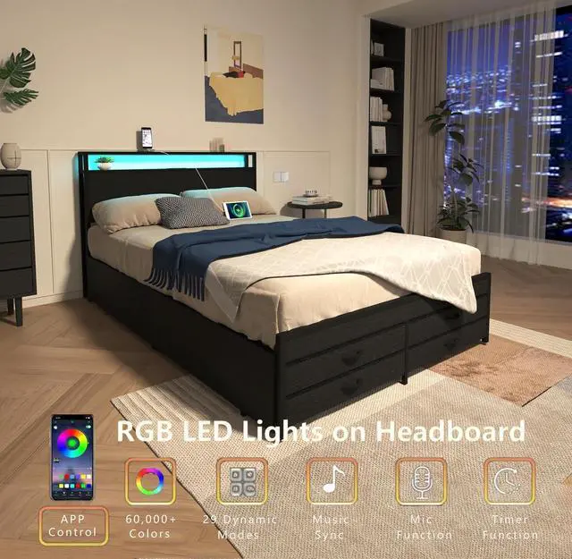 Alt view image 3 of 7 - Queen Bedframe with 4 Roll Out Drawers and 4 Footboard Drawers, Metal Platform Bed with LED Headboard with Charging Station, Multi-functional Double Bed with Solid Metal Support, Noise-Free, Black