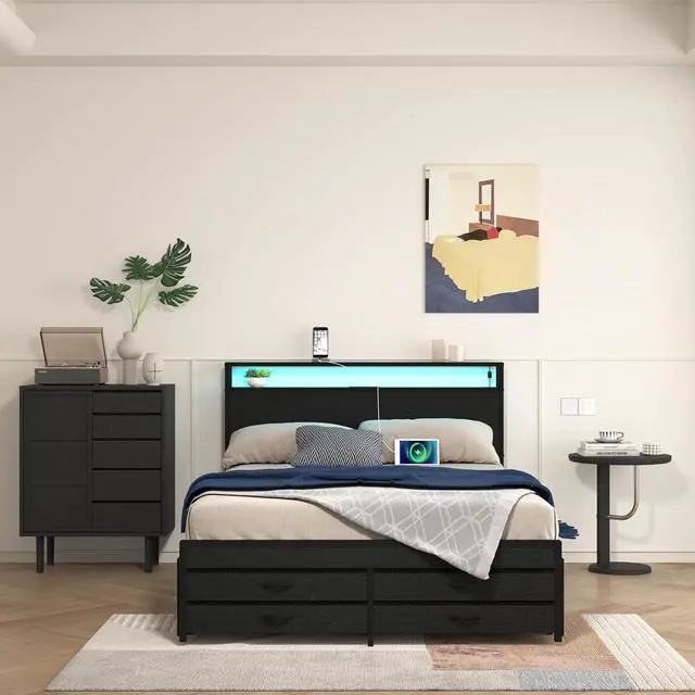 Alt view image 4 of 7 - Queen Bedframe with 4 Roll Out Drawers and 4 Footboard Drawers, Metal Platform Bed with LED Headboard with Charging Station, Multi-functional Double Bed with Solid Metal Support, Noise-Free, Black