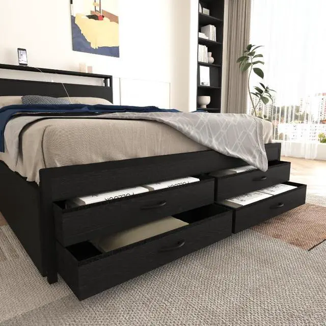 Alt view image 6 of 7 - Queen Bedframe with 4 Roll Out Drawers and 4 Footboard Drawers, Metal Platform Bed with LED Headboard with Charging Station, Multi-functional Double Bed with Solid Metal Support, Noise-Free, Black